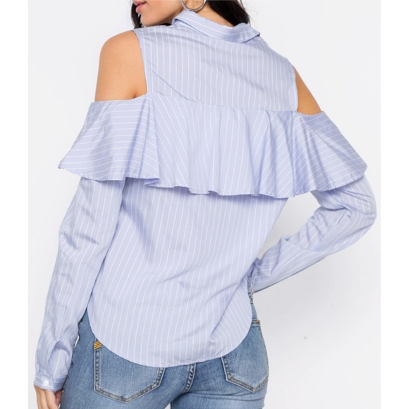 Light Blue Striped Cold Shoulder Ruffle Shirt Top - Picture 2 of 7